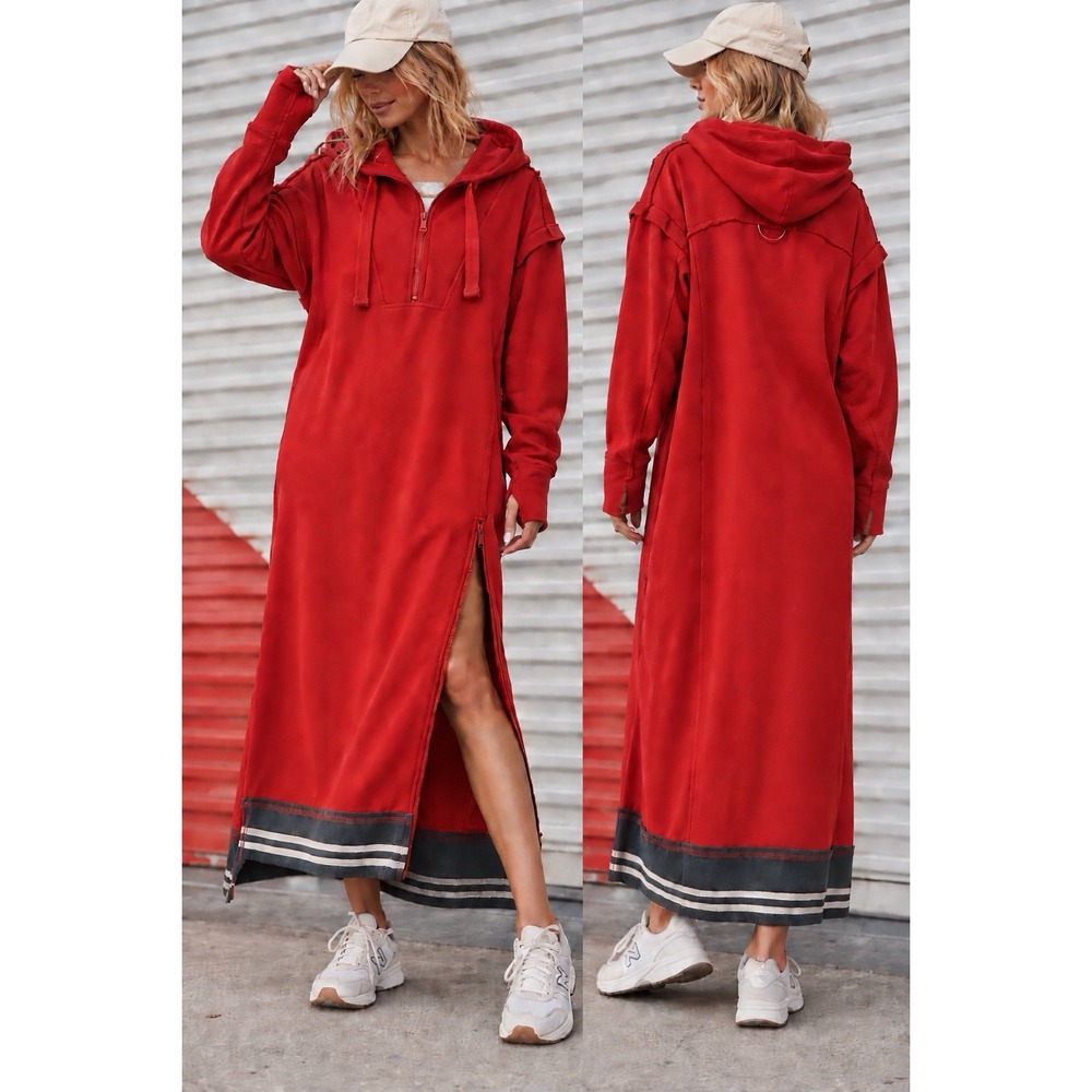Free People Movement Match Up Maxi Hoodie Dress Sz S Red Zip Off Sleeve